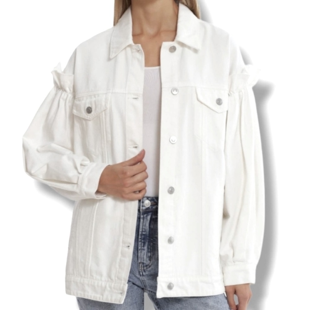 Anthropologie Avec Les Filles White Ruffled Puff Sleeve Oversized Denim Jacket
